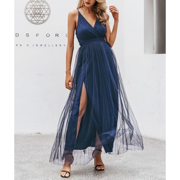 Navy Blue Criss Cross Back Mesh Elegant Maxi Dress - Picture 3 of 11